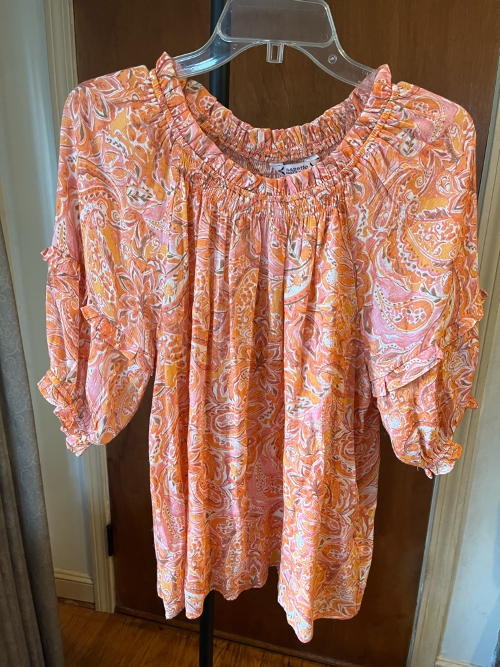 Nanette Lepore Peach Paisley Smocked-Neck Blouse